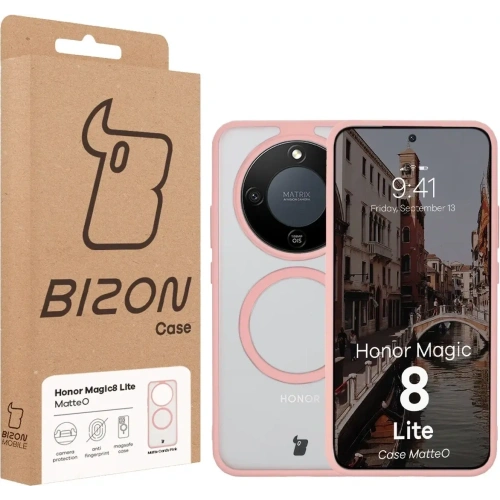 Etui z pierścieniem magnetycznym + szkło hartowane Bizon MatteO Pack do Honor Magic8 Lite przydymione-jasnoróżowe