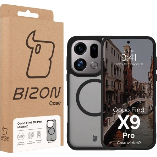 Etui z pierścieniem magnetycznym + szkło hartowane Bizon MatteO Pack do Oppo Find X9 Pro przydymione-czarne