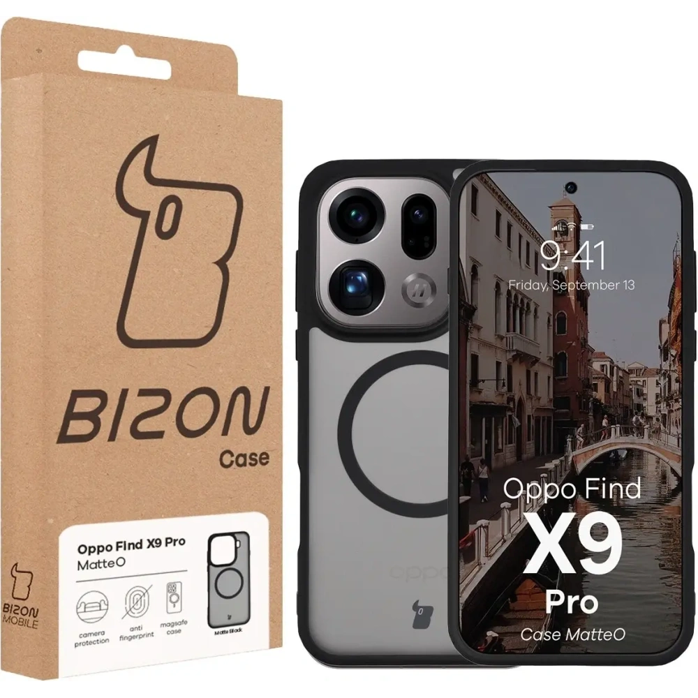 Etui z pierścieniem magnetycznym + szkło hartowane Bizon MatteO Pack do Oppo Find X9 Pro przydymione-czarne