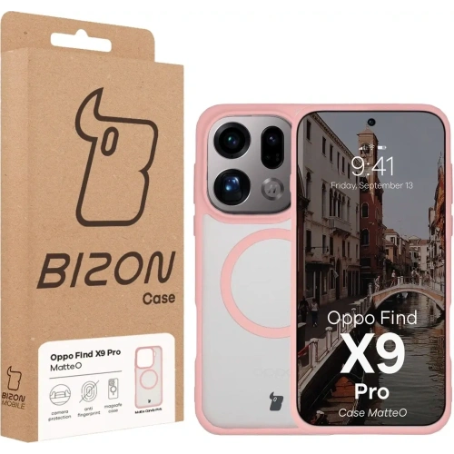 Etui z pierścieniem magnetycznym + szkło hartowane Bizon MatteO Pack do Oppo Find X9 Pro przydymione-jasnoróżowe