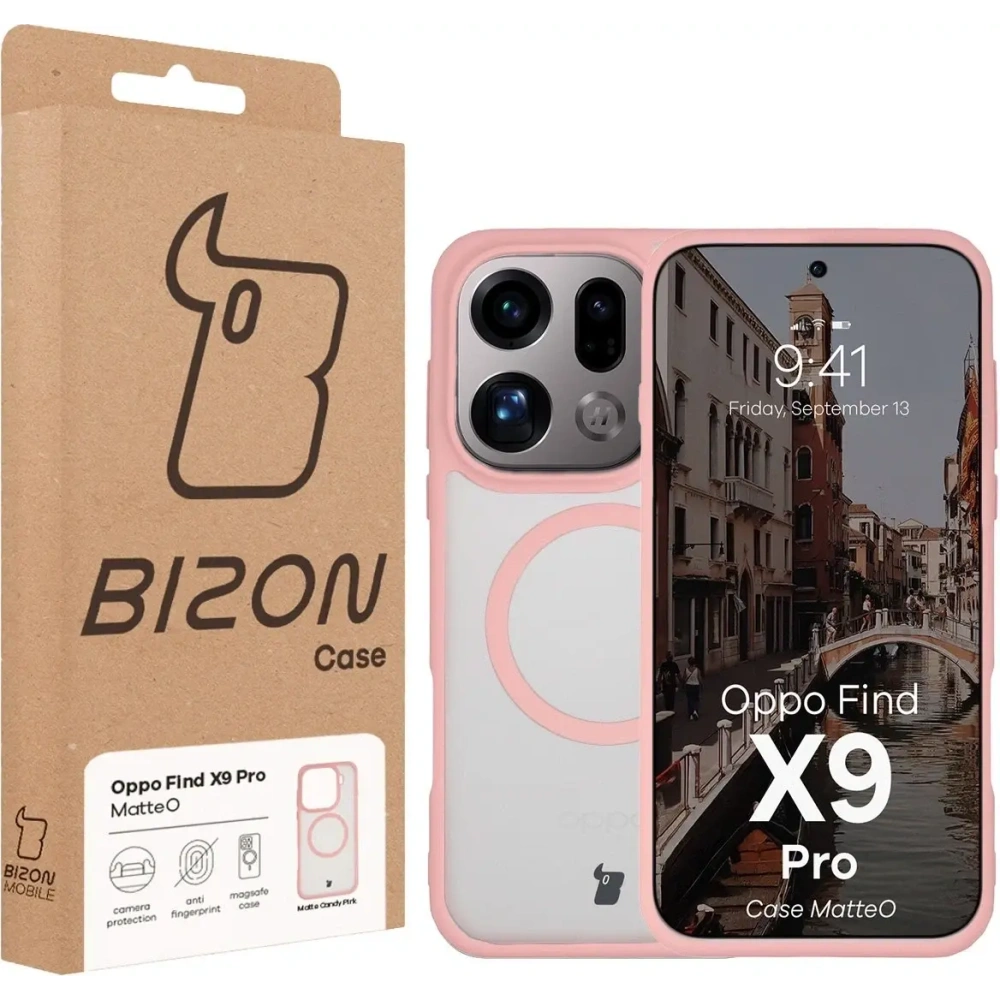 Etui z pierścieniem magnetycznym + szkło hartowane Bizon MatteO Pack do Oppo Find X9 Pro przydymione-jasnoróżowe