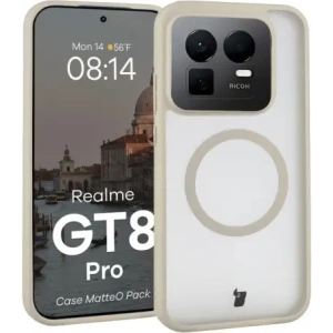 Etui z pierścieniem magnetycznym + szkło hartowane Bizon MatteO Pack do Realme GT 8 Pro przydymione-beżowe