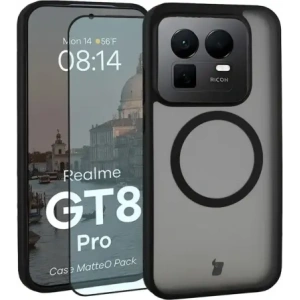 Etui z pierścieniem magnetycznym + szkło hartowane Bizon MatteO Pack do Realme GT 8 Pro przydymione-czarne