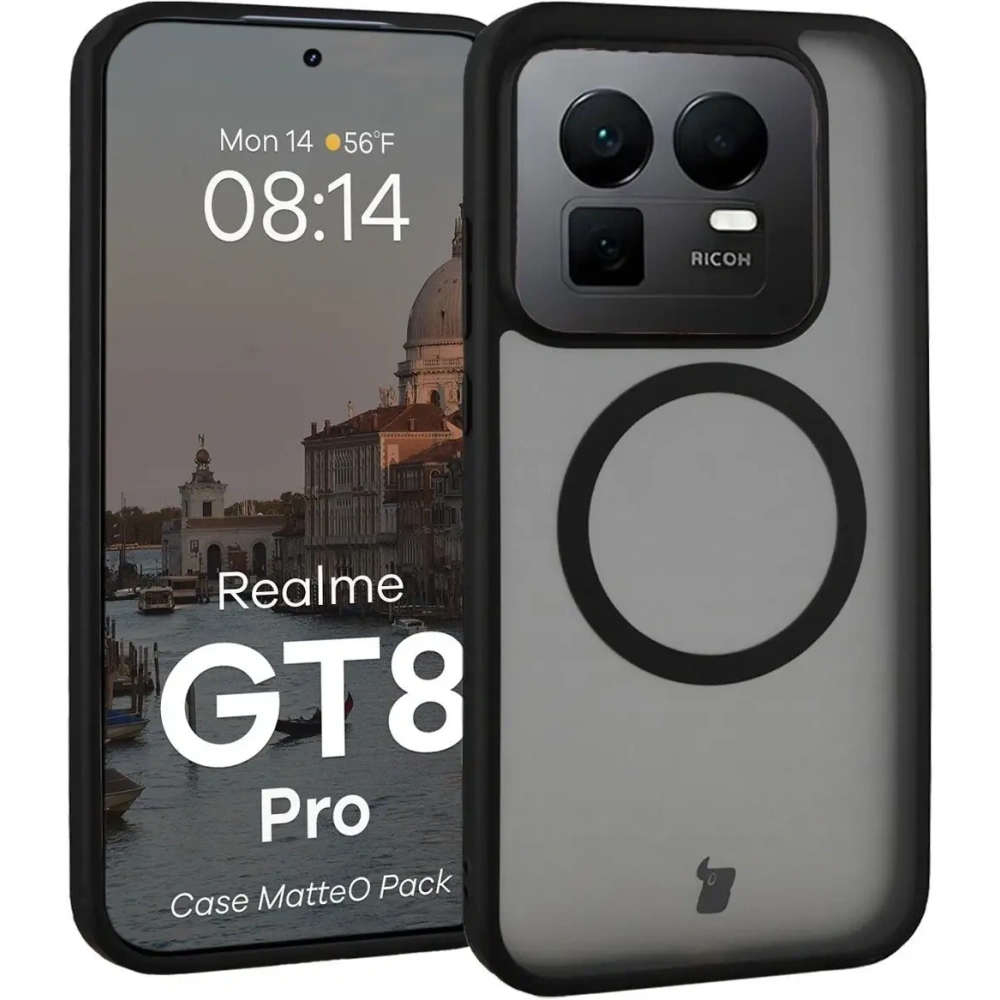 Etui z pierścieniem magnetycznym + szkło hartowane Bizon MatteO Pack do Realme GT 8 Pro przydymione-czarne