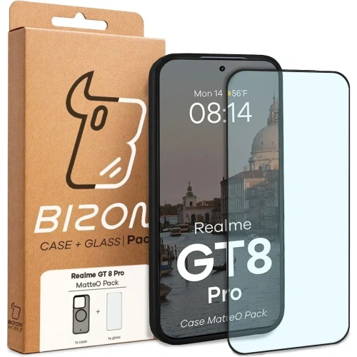 Etui z pierścieniem magnetycznym + szkło hartowane Bizon MatteO Pack do Realme GT 8 Pro przydymione-czarne