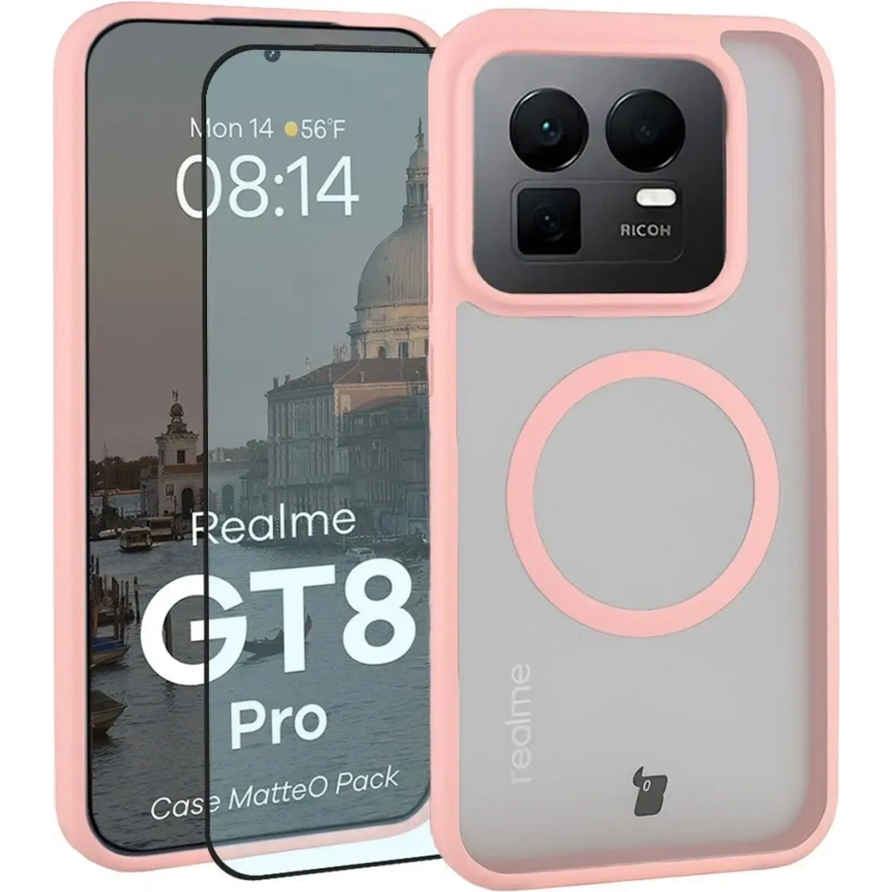 Etui z pierścieniem magnetycznym + szkło hartowane Bizon MatteO Pack do Realme GT 8 Pro przydymione-jasnoróżowe