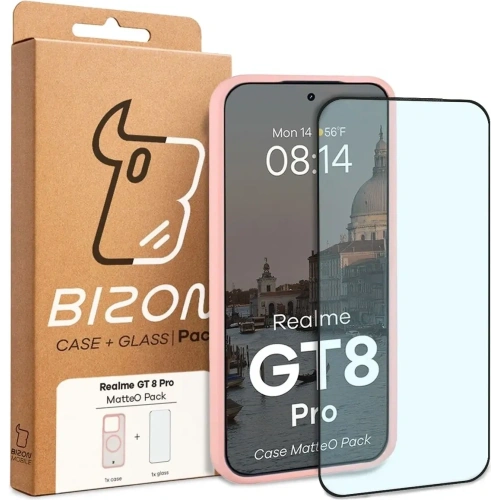 Etui z pierścieniem magnetycznym + szkło hartowane Bizon MatteO Pack do Realme GT 8 Pro przydymione-jasnoróżowe