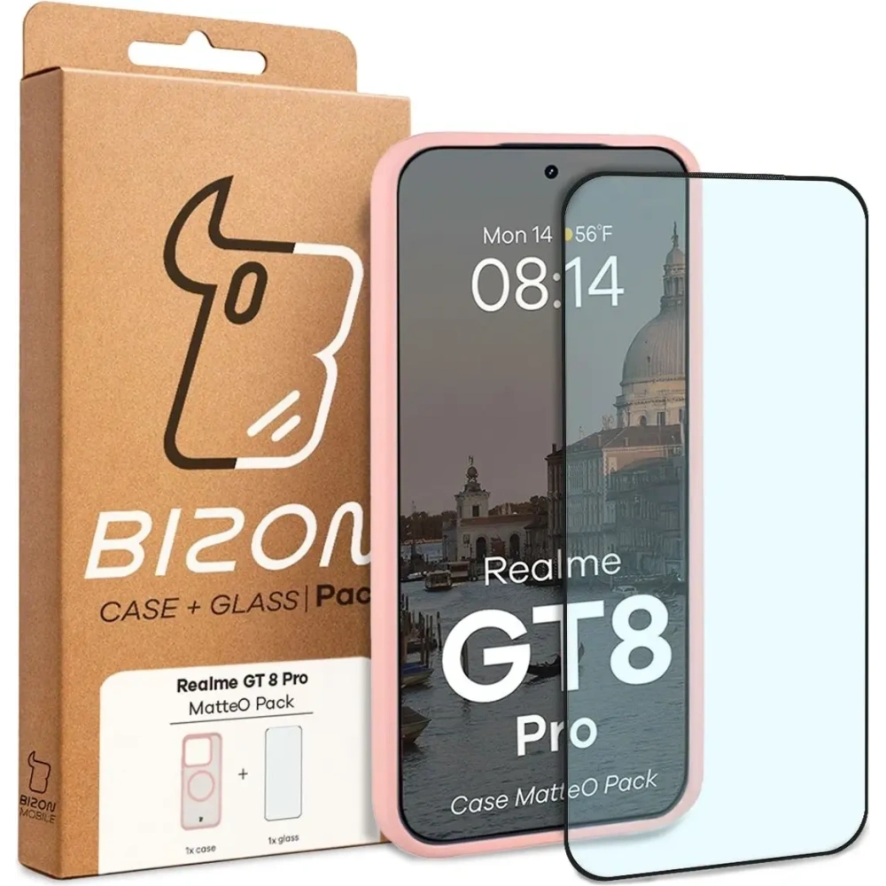 Etui z pierścieniem magnetycznym + szkło hartowane Bizon MatteO Pack do Realme GT 8 Pro przydymione-jasnoróżowe