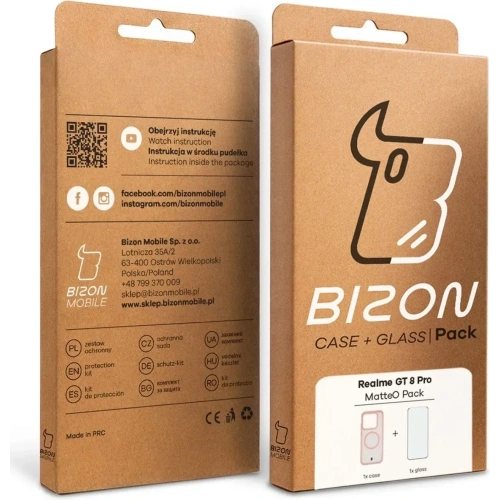Etui z pierścieniem magnetycznym + szkło hartowane Bizon MatteO Pack do Realme GT 8 Pro przydymione-jasnoróżowe