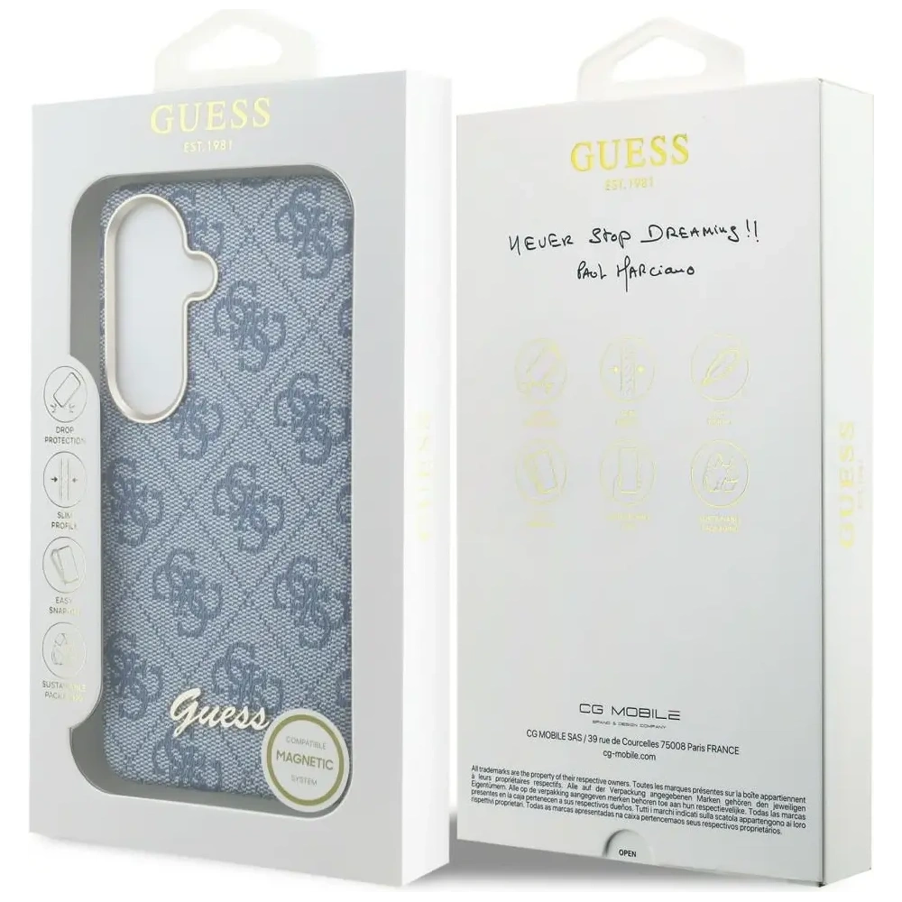 Etui Guess 4G Script MagSafe do Samsung Galaxy S26 niebieski
