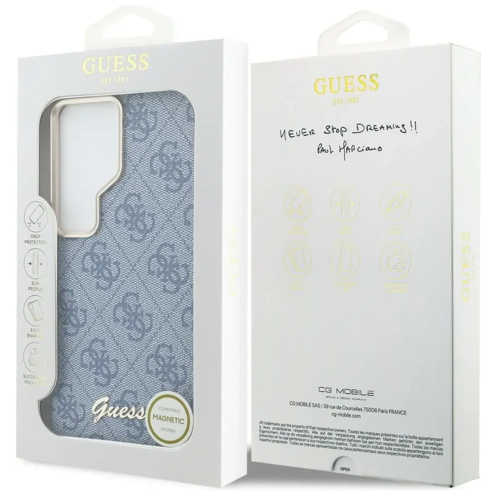Etui Guess 4G Script MagSafe do Samsung Galaxy S26 Ultra niebieski