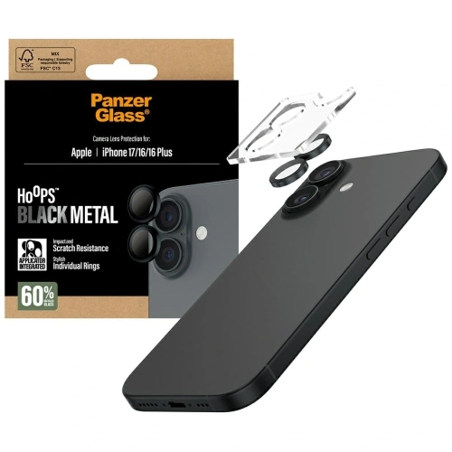 Szkło hartowane na obiektyw PanzerGlass Hoops do Apple iPhone 17 / 16 / 16 Plus czarny