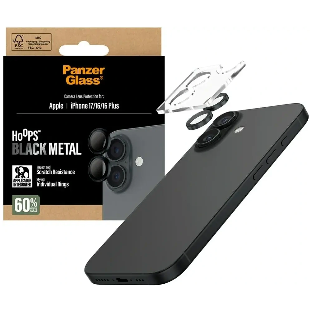 Szkło hartowane na obiektyw PanzerGlass Hoops do Apple iPhone 17 / 16 / 16 Plus czarny