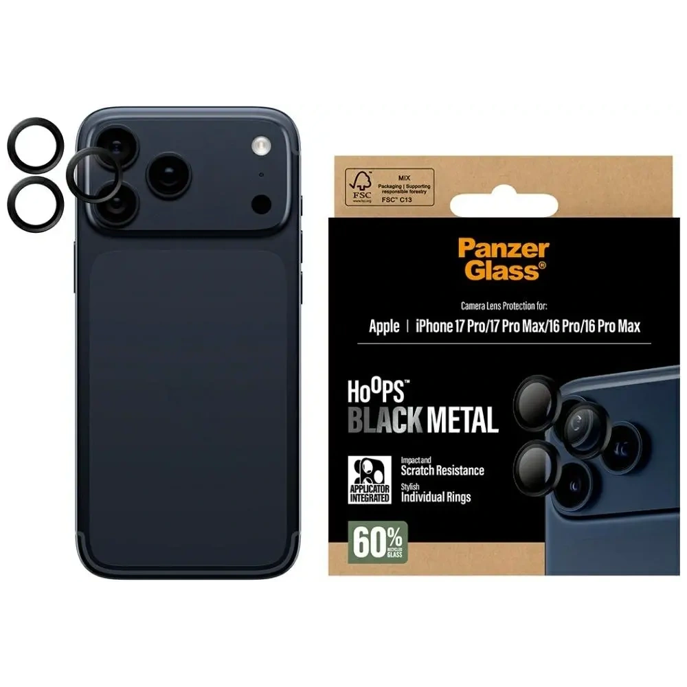 Szkło hartowane na obiektyw PanzerGlass Hoops do Apple iPhone 17 Pro / 17 Pro Max / 16 Pro / 16 Pro Max czarny