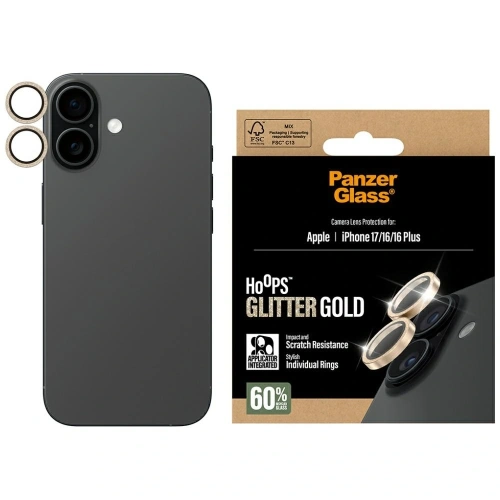 Szkło hartowane na obiektyw PanzerGlass Hoops Glitter do Apple iPhone 17 / 16 / 16 Plus złoty