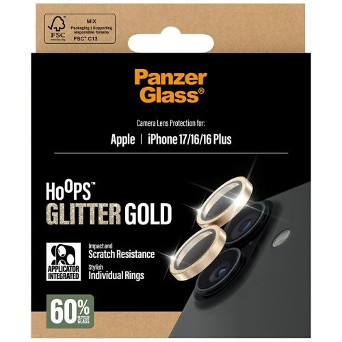 Szkło hartowane na obiektyw PanzerGlass Hoops Glitter do Apple iPhone 17 / 16 / 16 Plus złoty