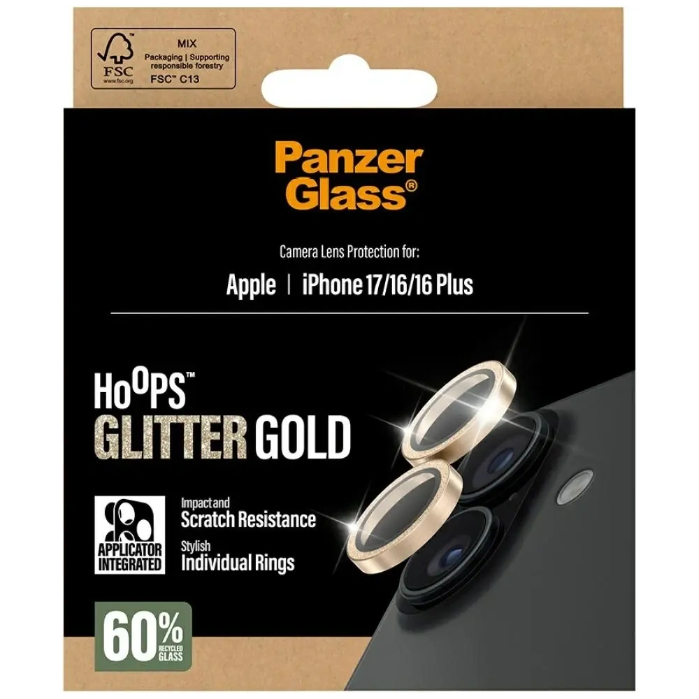 Szkło hartowane na obiektyw PanzerGlass Hoops Glitter do Apple iPhone 17 / 16 / 16 Plus złoty