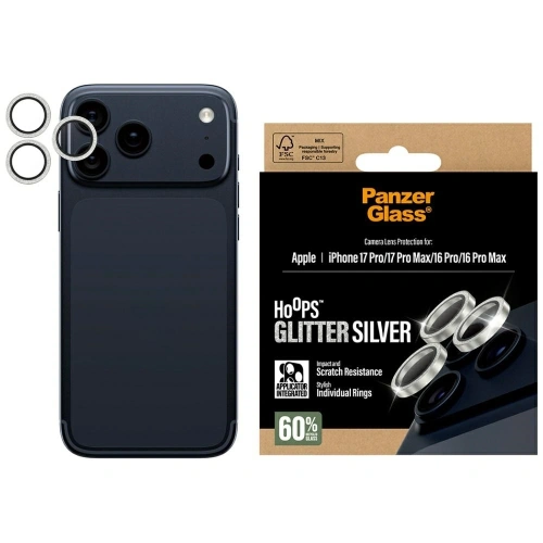 Szkło hartowane na obiektyw PanzerGlass Hoops Glitter do Apple iPhone 17 Pro / 17 Pro Max / 16 Pro / 16 Pro Max srebrny