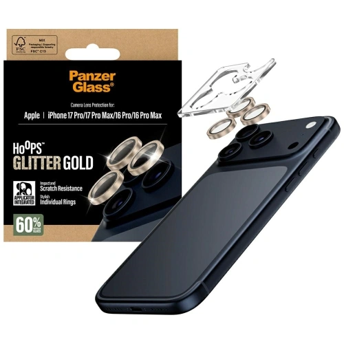 Szkło hartowane na obiektyw PanzerGlass Hoops Glitter do Apple iPhone 17 Pro / 17 Pro Max / 16 Pro / 16 Pro Max złoty