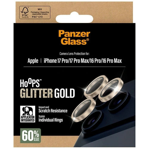 Szkło hartowane na obiektyw PanzerGlass Hoops Glitter do Apple iPhone 17 Pro / 17 Pro Max / 16 Pro / 16 Pro Max złoty
