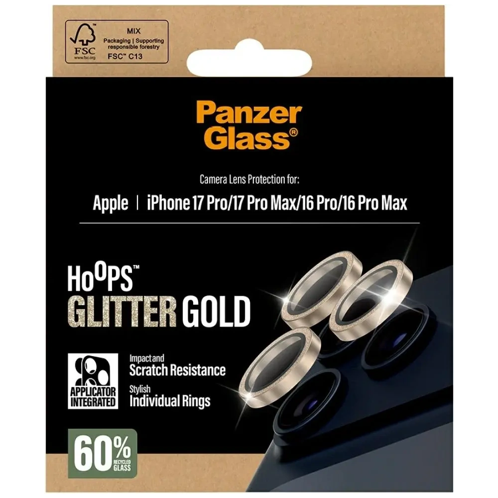 Szkło hartowane na obiektyw PanzerGlass Hoops Glitter do Apple iPhone 17 Pro / 17 Pro Max / 16 Pro / 16 Pro Max złoty