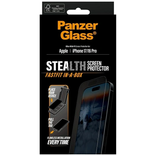 Szkło hartowane PanzerGlass Stealth Ultra-Wide Fit Fastfit do Apple iPhone 17 / 16 Pro