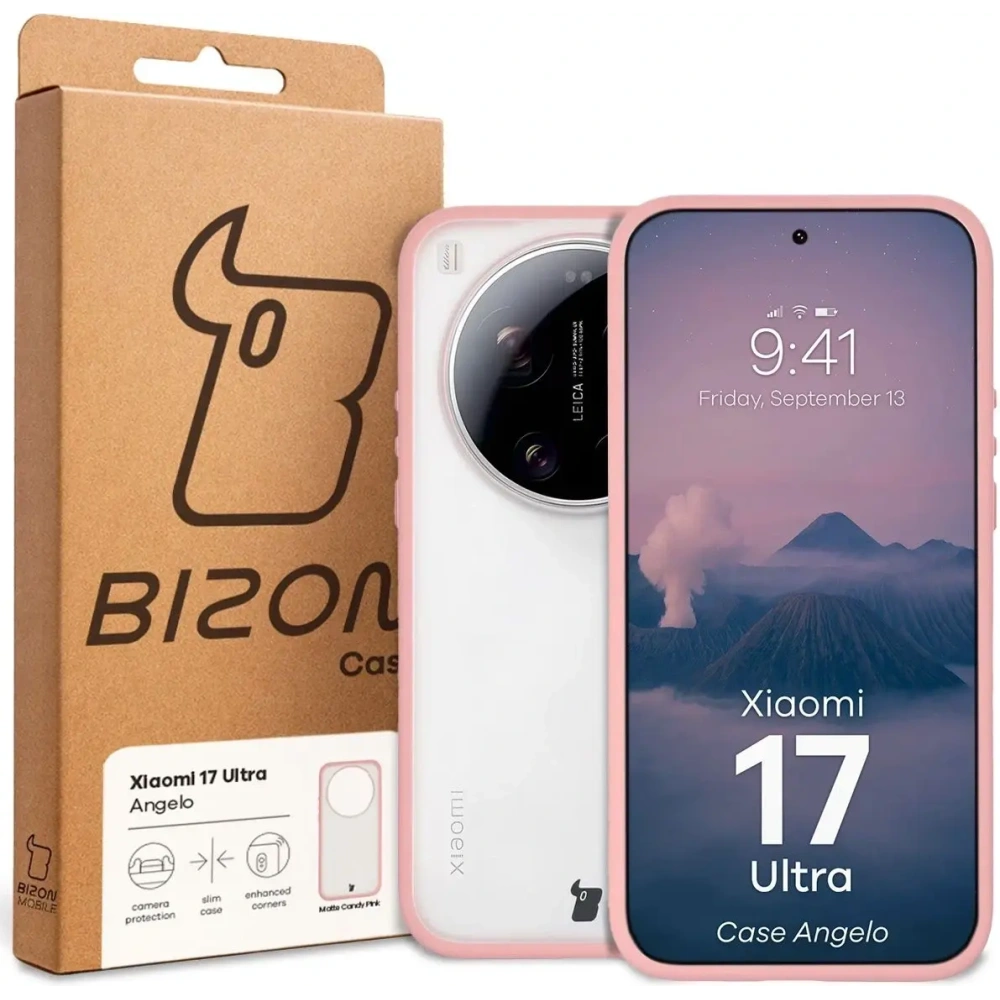 Etui Bizon Case Angelo do Xiaomi 17 Ultra półprzezroczyste z jasnoróżową ramką