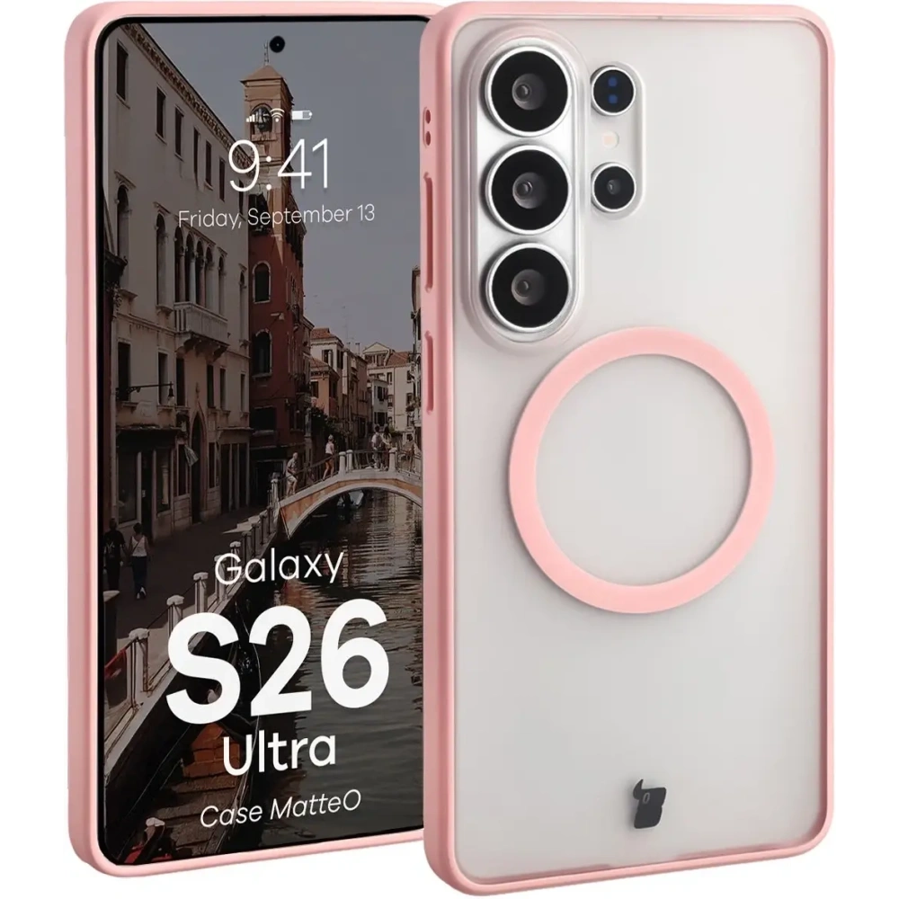 Etui z pierścieniem magnetycznym Bizon Case MatteO do Samsung Galaxy S26 Ultra przydymione-jasnoróżowe