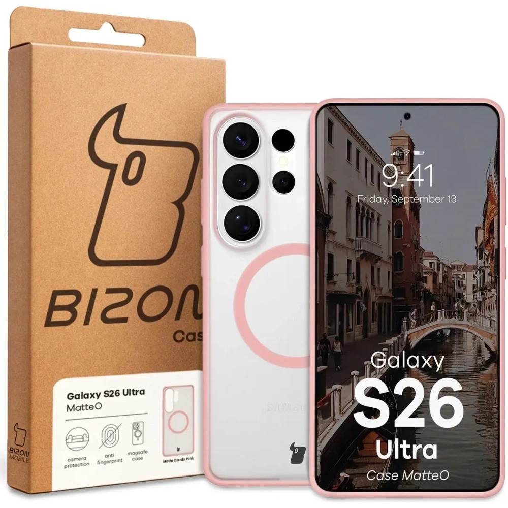Etui z pierścieniem magnetycznym Bizon Case MatteO do Samsung Galaxy S26 Ultra przydymione-jasnoróżowe