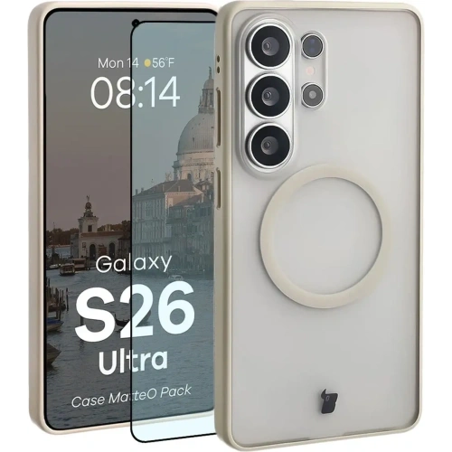 Etui z pierścieniem magnetycznym + szkło hartowane Bizon MatteO Pack do Samsung Galaxy S26 Ultra przydymione-beżowe