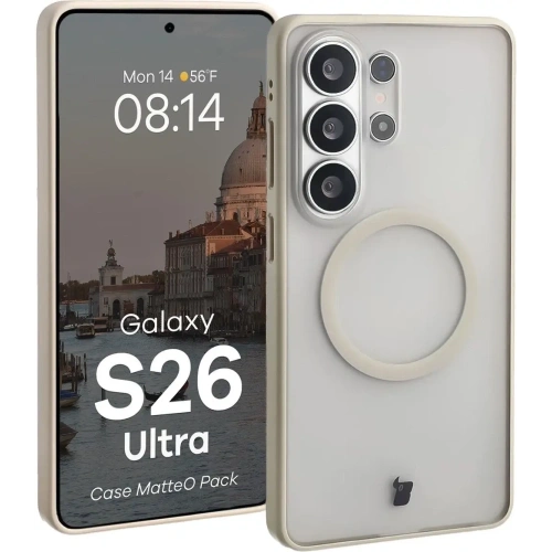 Etui z pierścieniem magnetycznym + szkło hartowane Bizon MatteO Pack do Samsung Galaxy S26 Ultra przydymione-beżowe