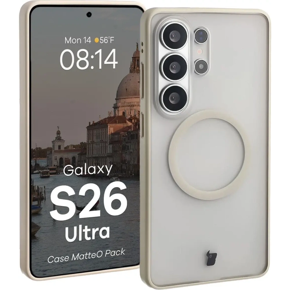 Etui z pierścieniem magnetycznym + szkło hartowane Bizon MatteO Pack do Samsung Galaxy S26 Ultra przydymione-beżowe