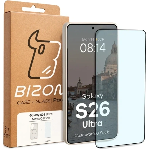 Etui z pierścieniem magnetycznym + szkło hartowane Bizon MatteO Pack do Samsung Galaxy S26 Ultra przydymione-beżowe
