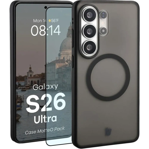 Etui z pierścieniem magnetycznym + szkło hartowane Bizon MatteO Pack do Samsung Galaxy S26 Ultra przydymione-czarne