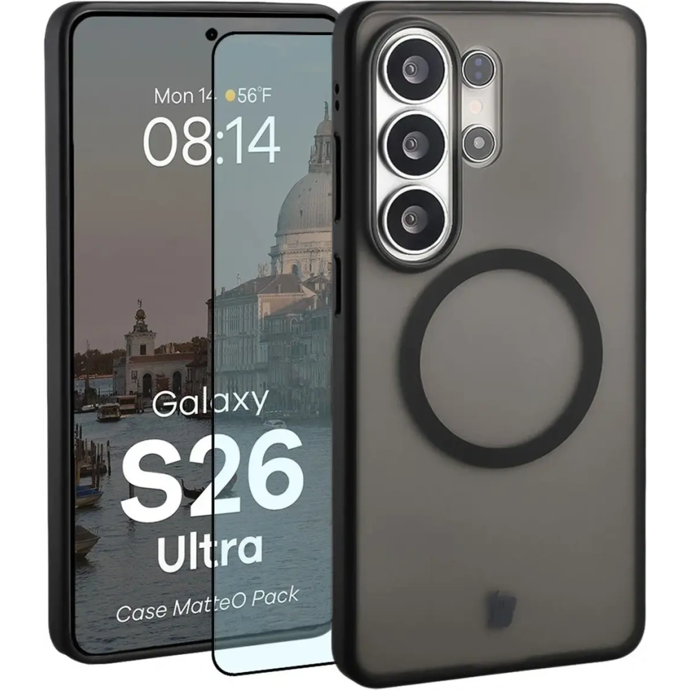Etui z pierścieniem magnetycznym + szkło hartowane Bizon MatteO Pack do Samsung Galaxy S26 Ultra przydymione-czarne