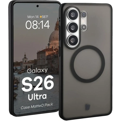 Etui z pierścieniem magnetycznym + szkło hartowane Bizon MatteO Pack do Samsung Galaxy S26 Ultra przydymione-czarne