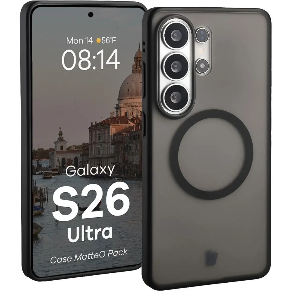 Etui z pierścieniem magnetycznym + szkło hartowane Bizon MatteO Pack do Samsung Galaxy S26 Ultra przydymione-czarne