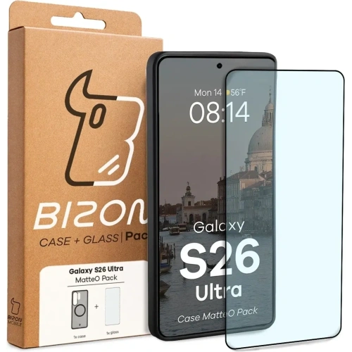 Etui z pierścieniem magnetycznym + szkło hartowane Bizon MatteO Pack do Samsung Galaxy S26 Ultra przydymione-czarne