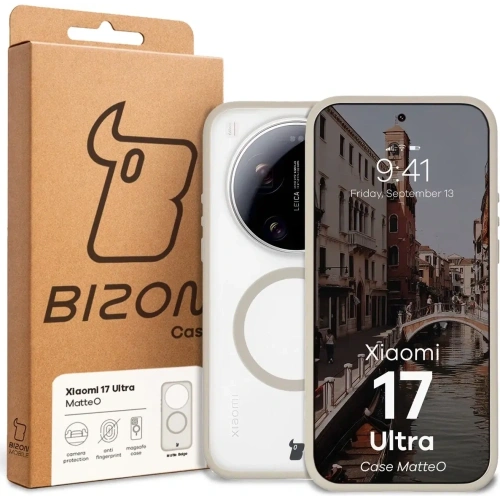 Etui z pierścieniem magnetycznym Bizon Case MatteO do Xiaomi 17 Ultra przydymione-beżowe