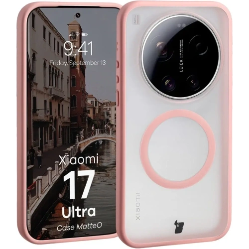 Etui z pierścieniem magnetycznym Bizon Case MatteO do Xiaomi 17 Ultra przydymione-jasnoróżowe