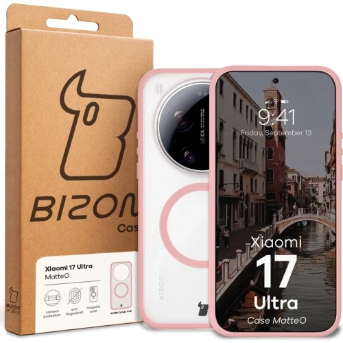 Etui z pierścieniem magnetycznym Bizon Case MatteO do Xiaomi 17 Ultra przydymione-jasnoróżowe