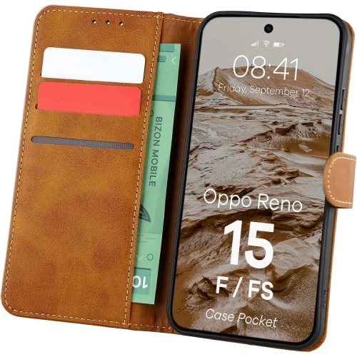 Etui z klapką Bizon Case Pocket do Oppo Reno 15 F / FS brązowe