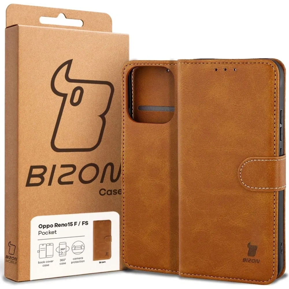 Etui z klapką Bizon Case Pocket do Oppo Reno 15 F / FS brązowe