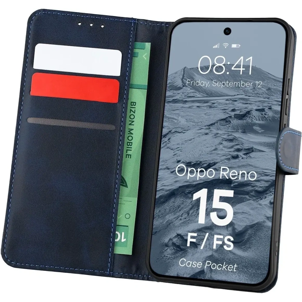 Etui z klapką Bizon Case Pocket do Oppo Reno 15 F / FS granatowe