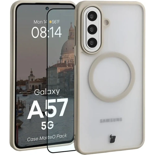 Etui z pierścieniem magnetycznym + szkło hartowane Bizon MatteO Pack do Samsung Galaxy A57 5G przydymione-beżowe