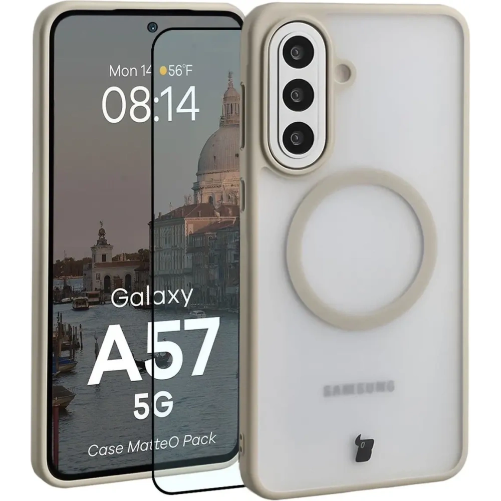 Etui z pierścieniem magnetycznym + szkło hartowane Bizon MatteO Pack do Samsung Galaxy A57 5G przydymione-beżowe