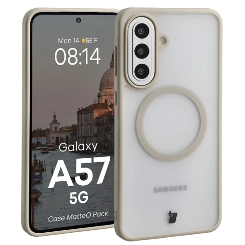 Etui z pierścieniem magnetycznym + szkło hartowane Bizon MatteO Pack do Samsung Galaxy A57 5G przydymione-beżowe