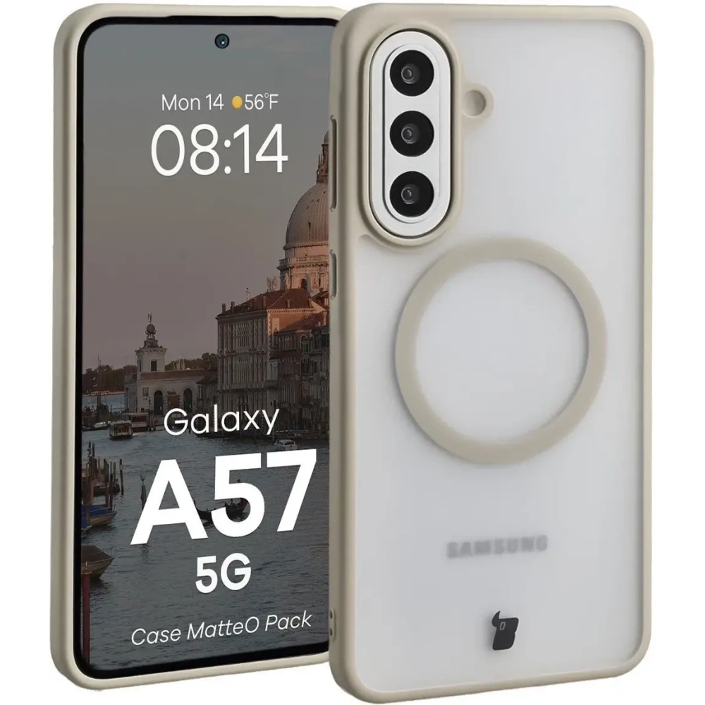 Etui z pierścieniem magnetycznym + szkło hartowane Bizon MatteO Pack do Samsung Galaxy A57 5G przydymione-beżowe