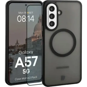 Etui z pierścieniem magnetycznym + szkło hartowane Bizon MatteO Pack do Samsung Galaxy A57 5G przydymione-czarne