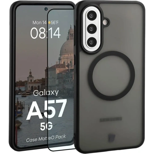 Etui z pierścieniem magnetycznym + szkło hartowane Bizon MatteO Pack do Samsung Galaxy A57 5G przydymione-czarne